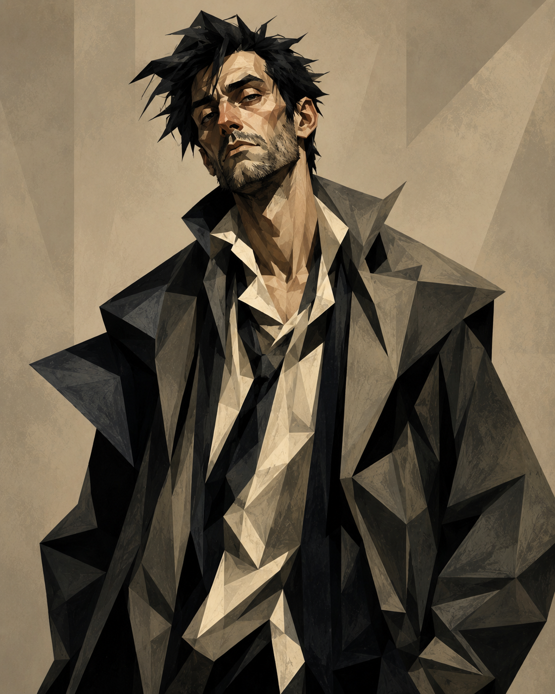 Angular portrait of a disheveled man in loose, rumpled clothing